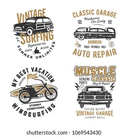 Vintage hand drawn tee prints set. Surf print design, old garage, car service, auto repair emblems. Summer t shirt concepts isolated on white. Stock vector labels. Letterpress effect.