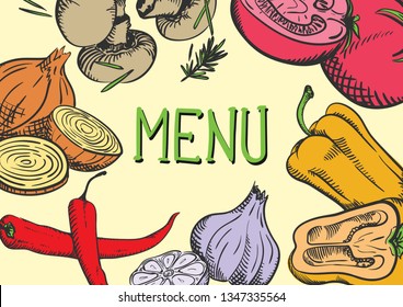 Vintage hand drawn template for cafe and restaurant menu with various vegetables. color drawings and text on a light background. Vector illustration