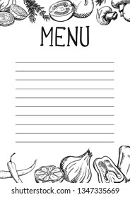 Vintage hand drawn template for cafe and restaurant menu with various vegetables. black drawings and text on a light background. Vector illustration