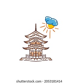 Vintage hand drawn Temple with cloud and sun Logo design vector Illustration
