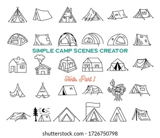 Vintage hand drawn tents icons bundle. Simple line art graphics. Camping houses symbols. Stock vector isolated adventure elemens and symbols