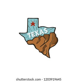 Vintage hand drawn Texas badge state badge, United States. Flat style icon, logo. Featuring mountains, red star. Retro patch, logotype. Nice for T-Shirt prints, stamp. Stock vector isolated on white.