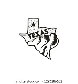 Vintage hand drawn Texas badge state badge, United States. Silhouette style icon, logo. Featuring mountains and star. Retro patch, logotype. Nice for T-Shirt prints, stamp. Stock vector isolated.