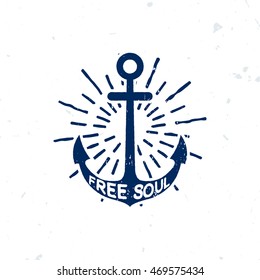 Vintage hand drawn textured anchor with grunge effect, apparel design or print for t-shirt.
