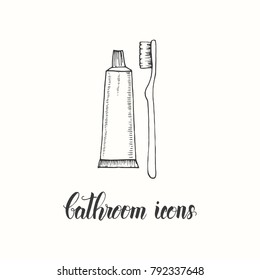 Vintage hand drawn  toothbrush and toothpaste in a sketch style. Hand made lettering. Vector objects from the bathroom. 