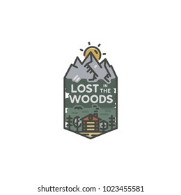 Vintage hand drawn travel badge. Camping label concept. Mountain expedition logo design. lumberjack logotype. Lost in the woods sign. Stock vector patch isolated on white background.
