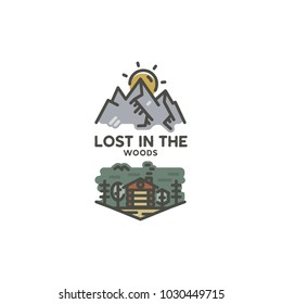 Vintage hand drawn travel badge. Camping label concept. Mountain expedition logo design. lumberjack logotype. Lost in the woods sign. Stock vector patch isolated on white.