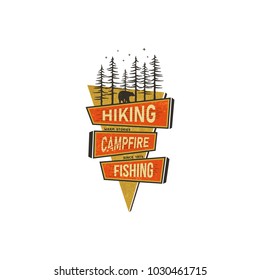 Vintage Hand Drawn Travel Badge Design. Camping, Hiking Concept In 70s Style With Signs Hiking, Campfire, Fishing. Retro Colors. Stock Vector Sticker Isolated On White Background