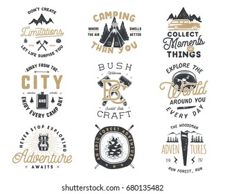 Vintage hand drawn travel badge and emblem set. Hiking labels. Outdoor adventure inspirational logos. Typography retro style. Motivational quotes for prints, t shirts, travel mug. Stock vector design