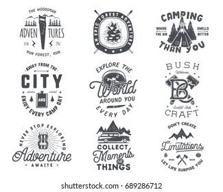 Vintage hand drawn travel badge and adventure emblem set. Hiking labels. Outdoor adventure inspirational logos. Typography retro style. Motivational adventure quotes for prints, t shirts. Stock vector