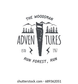 Vintage hand drawn travel badge and emblem. Old style label. Outdoor adventure inspirational logo. Typography retro design. Motivational quote - The woodsman adventures for prints, t shirts. Vector