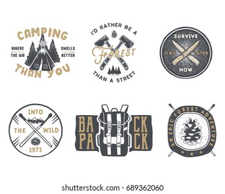 Vintage hand drawn travel badge and emblem set. Hiking labels. Outdoor adventure inspirational logos.Typography retro style. Motivational quotes for prints, t shirts, travel mug.Stock vector isolated.