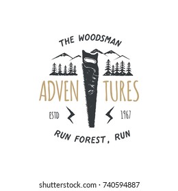 Vintage hand drawn travel badge and emblem. Hiking label. Outdoor adventure inspirational logo. Typography retro style. Motivational quote - The woodsman adventures for t shirts. Stock vector