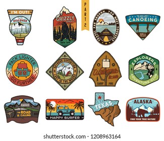 Vintage hand drawn travel badges set. Camping labels concepts. Mountain expedition logo designs. Outdoor hike emblems. Camp logotypes collection. Stock vector patches isolated on white background