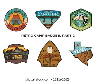 Vintage hand drawn travel badges set. Camping labels concepts. Mountain expedition logo designs. Outdoor hike emblems. Camp logotypes collection. Stock vector patches isolated.