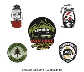 Vintage hand drawn travel emblems set. Adventure logo concepts. Mountain expedition, camp badge designs. Outdoor insignias. Stock vector hike patches isolated on white background