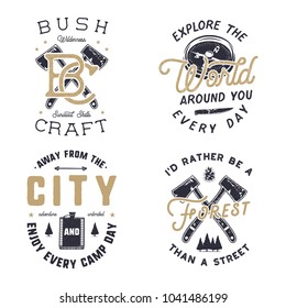 Vintage hand drawn travel logos and emblems set. Hiking labels. Outdoor adventure inspirational insignias. Typography retro style. Motivational quotes for prints, t shirts. Stock vector.