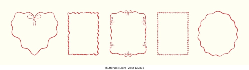 Vintage hand drawn trendy frames with wavy lines, hearts, bows and ribbons in red colors. Modern elegant whimsical borders for wedding invitations, holiday card, lunch menus. Vector illustration.