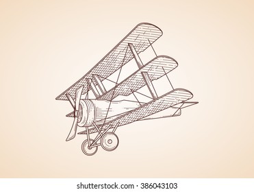 Vintage hand drawn triplane. Vector airplane illustration. Retro plane sketch. 