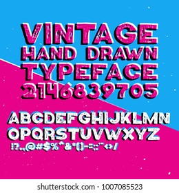 Vintage hand drawn typeface with stamp effect. Rough lines, hand drawn effect. Letters, numbers and necessary punctuation symbols.