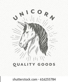 Vintage Hand Drawn Unicorn Head Label. Sample Text. Cool Monochrome Badge Or Old Style Logo.