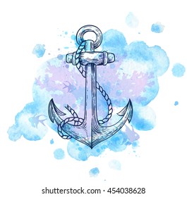 Vintage hand drawn vector anchor and blue watercolor blots.