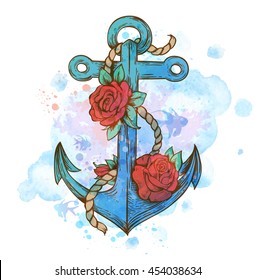 Vintage hand drawn vector anchor and red roses on a blue watercolor background.