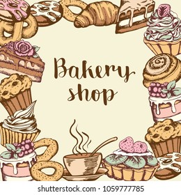 Vintage hand drawn vector background with bakery products and sweet cakes. 