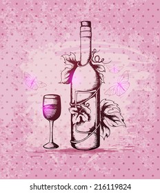 Vintage hand drawn vector bottle of wine on a pink background