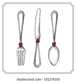 Vintage hand drawn vector cutlery with hearts â?? fork, spoon and knife. It can be used for creating postcards, gift cards, patterns, posters, banners and other Valentine's Day stuff.