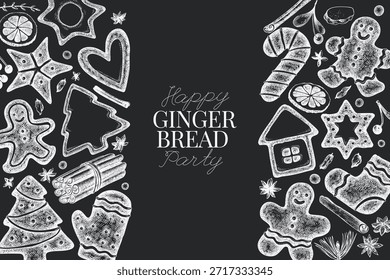 Vintage mão desenhado vetor modelo de design de pão de gengibre. Não gerado IA. Quadro de giz retro Natal pastelaria gravada velho estilo ilustração