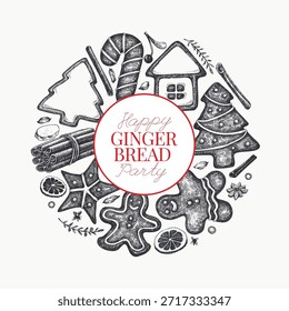 Vintage mão desenhado vetor modelo de design de pão de gengibre. Não gerado IA. Massa de Natal retrô gravada Ilustração de Estilo Antigo