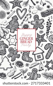 Plantilla de diseño de Vector dibujado a mano de Antiguas de pan de jengibre. No se genera IA. Navidades retro Pastry Grabado Ilustración de estilo antiguo