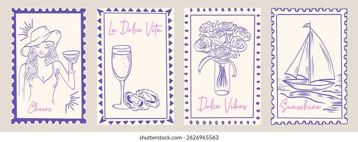 Vintage hand drawn vector doodle themed around Dolce Vita. Print, wall art, vector travel postcard stamp, summer emblem, placard or poster. Vector.
