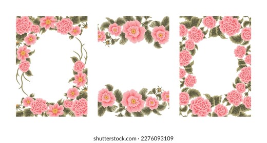 Vintage hand drawn vector flower frame illustration arrangement collection with pink rose floral, peony, and leaf branch elements