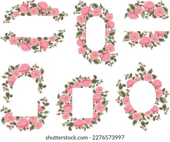 Montaje de ilustraciones de marco de flor vectorial dibujado a mano con elementos de ramas rosa rosa floral, peony y hoja