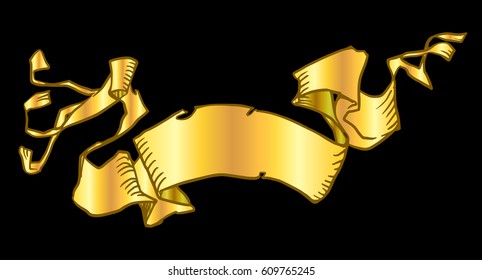 Vintage hand drawn vector golden ribbon banner over black.
