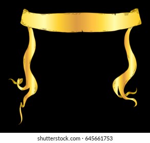 Vintage hand drawn vector golden ribbon banner over black.