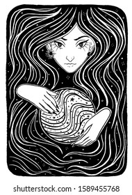 Vintage hand drawn vector illustration. Beautiful fortune teller with a magic ball on background of stars. Boho engraving style. For poster, print, postcard, sticker, tapestry, banner, t-shirt, tattoo