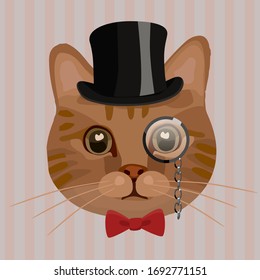 Vintage hand drawn vector illustration of cat head with hat and glasses, pink gray striped background, pet fashion, textile, printing