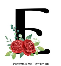 Vintage hand drawn vector illustration of English letter E with rose flower leaves, spring and summer elements, elegant romantic wedding font, blooming flowers, textiles, prints,