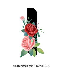 Vintage hand drawn vector illustration of English letter I with rose flower leaves, spring and summer elements, elegant romantic wedding font, blooming flowers, textiles, prints,