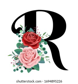 Vintage hand drawn vector illustration of English letter R with rose flower leaves, spring and summer elements, elegant romantic wedding font, blooming flowers, textiles, prints,