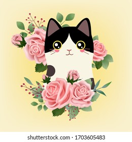 Vintage hand drawn vector illustration of cute cat and pink rose on yellow background, floral plants and animals background. Decorative, wallpaper, cartoon kitty