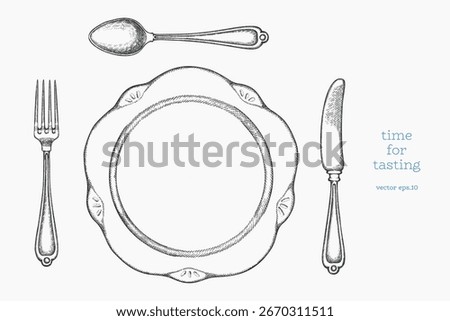 Vintage Hand Drawn Vector Illustration of Cutlery. Not AI Generated.  Fork Spoon Knife Plate Kitchen Utensils