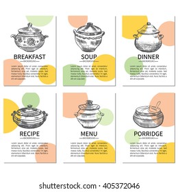 Vintage hand drawn vector ink pots, Recipe sketch template isolated on white, Set of 6 designed cards, frame with doodle pots and space for text, Perfect for store natural and organic products