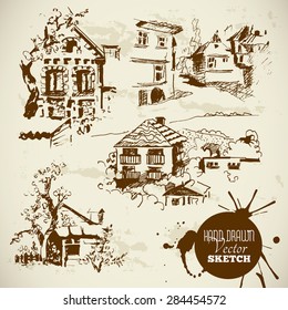 Vintage Hand Drawn Vector Landscape Sketch Set, vector illustration