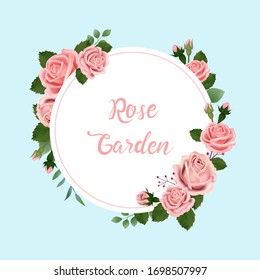 Vintage hand drawn vector pink red rose green leaves illustration blue background, banner, valentine, wedding, invitation element, spring summer flowers