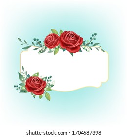 Vintage de hojas rojas rojas dibujadas a mano roja ilustración fondo azul, banner, valentina, boda, elemento invitación, flores de verano primavera