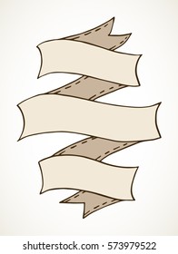 Vintage hand drawn vector ribbon banner. Folded light brown ribbon over white background.